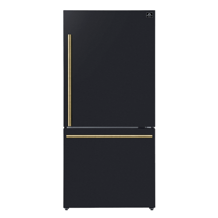 FORNO 31" Milano Espresso Bottom Freezer Right Swing Door Refrigerator in Black, 17.2 cu. ft. Additionnal Antique Brass Handles Included