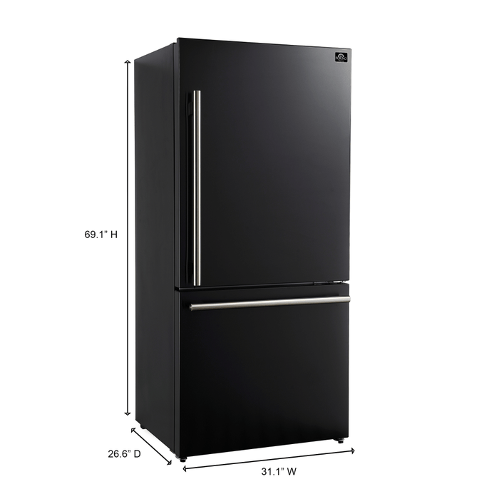 FORNO 31" Milano Espresso Bottom Freezer Right Swing Door Refrigerator in Black, 17.2 cu. ft. Additionnal Antique Brass Handles Included