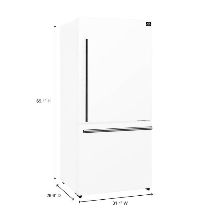 FORNO 31" Milano Espresso Bottom Freezer Right Swing Door Refrigerator in White, 17.2 cu. ft. Additionnal Antique Brass Handles Included