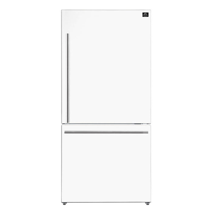 FORNO 31" Milano Espresso Bottom Freezer Right Swing Door Refrigerator in White, 17.2 cu. ft. Additionnal Antique Brass Handles Included