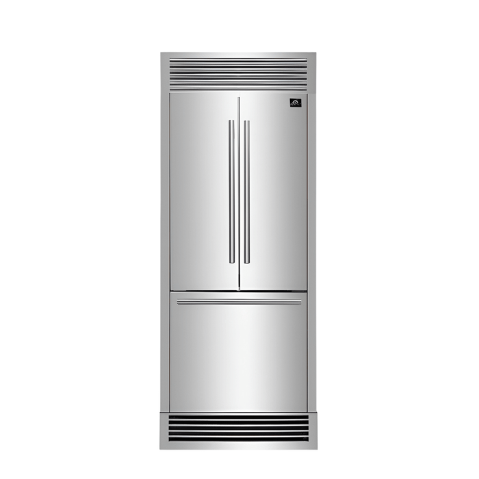 Forno 30-inch French Door Refrigerator with Bottom Freezer 17.5 Cu.Ft. Capacity - Stainless Steel No Frost Fridge with Ice Maker, Child Safety Lock and Decorative Grill Trim kit (Total width 35 Inches)